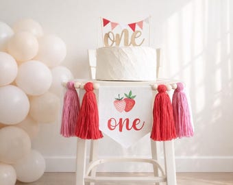 Banner de silla alta de fresa dulce para primer cumpleaños, dulce cumpleaños de bayas, primer cumpleaños de bayas, cumpleaños de niña con fresa roja