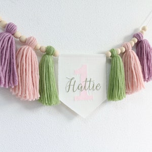 Baby Girl&#39;s personalized high chair banner, Fairy Garden cake smash Garland, Floral 1st birthday decor, Wildflower Photo prop