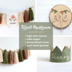 Toadstool Personalized Birthday Party Bundle, Mushroom cake smash Party Set, Personalized Party Decor, Forest Green Baby Boy Photo Prop