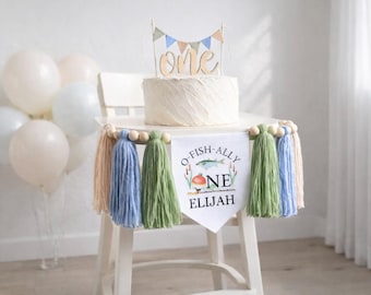 Fishing 1st Birthday High Chair Banner, Personalized "Oh Fish-ally One" Cake Smash Decoration