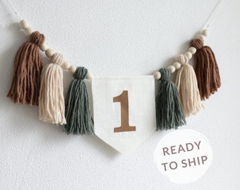 1st Boy neutral High Chair Banner, Earth Tones Yarn Tassel Garland, Woodland 1st birthday, Cake Smash Garland, Adventure Birthday