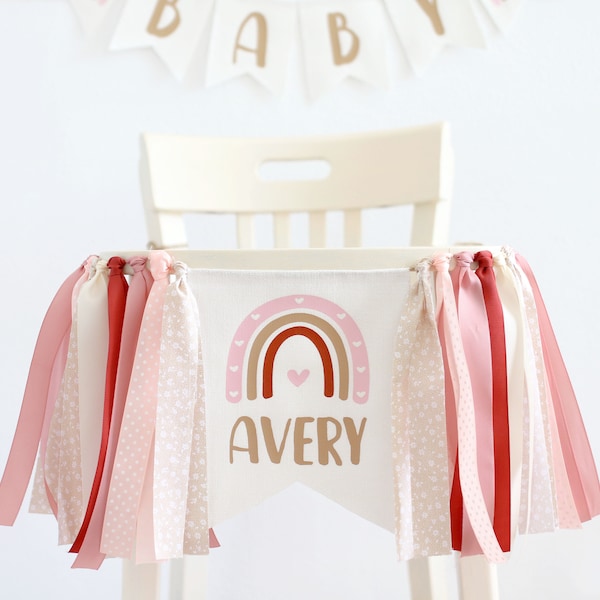 Boho rainbow high chair banner, girl 1st birthday decor, Boho garland, Blush birthday party, Personalized banner, Custom baby girl bunting