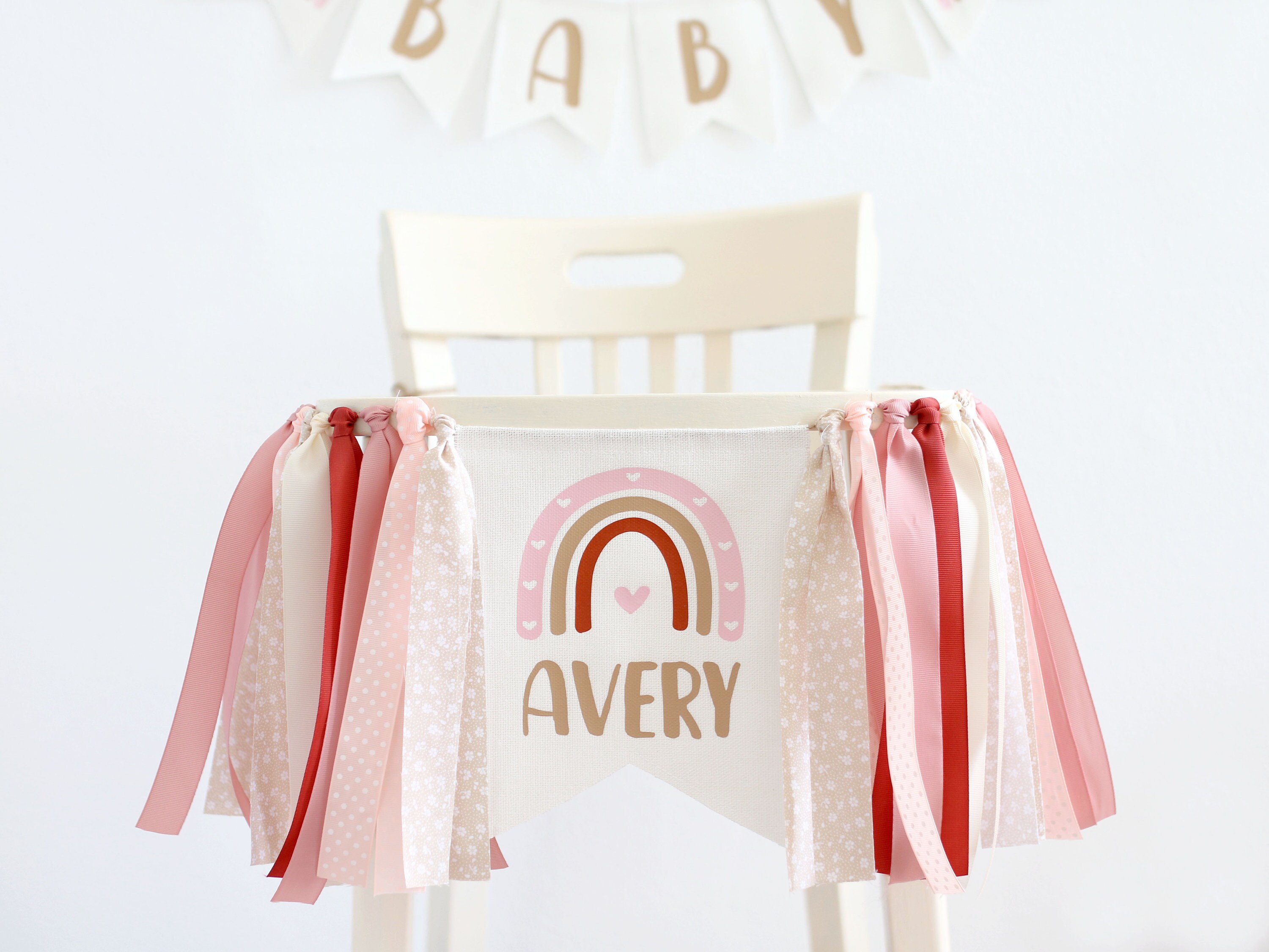 Boho rainbow high chair banner girl 1st birthday decor Boho garland Blush birthday party Personalized banner Custom baby girl