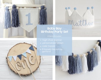 Junge Blau 1. Geburtstagsparty-Bundle, Blaues Hochstuhlbanner, Jungenkuchenzerschlag-Party-Set, 1. Geburtstagsdekor, blaue Geburtstagsdekoration