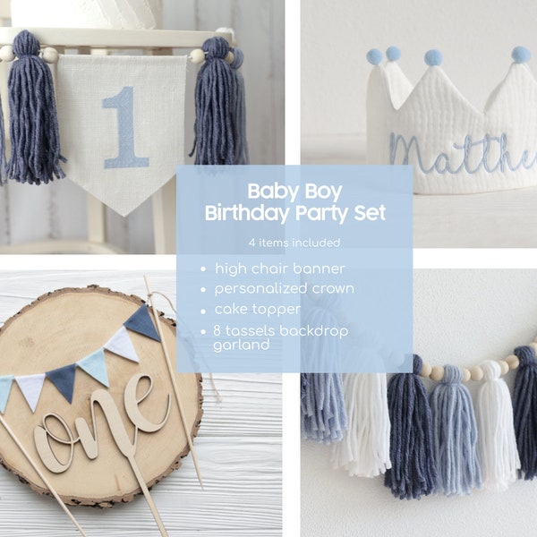 Boy Blue 1st Birthday Party Bundle, Blue High chair banner, Boy's Cake smash Party Set, 1st birthday decor, Blue Birthday Decorations