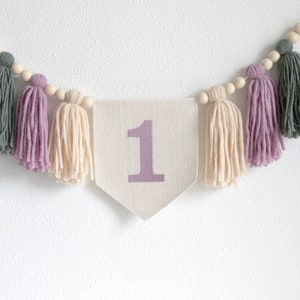 Girl&#39;s Birthday high chair banner, Pastel Lavender cake smash Garland, Tassel bunting, Boho 1st birthday decor, 1st birthday decor
