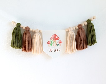 Toadstool Personalized High Chair Banner, Mushroom 1st birthday decor, Cake Smash Garland, Custom name Photo Prop banner, Mushroom Party