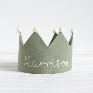 Mustard Yellow Personalized Linen birthday crown, Party crown with Embroidered Name, Kids birthday party, Toddler Linen crown, Fall Birthday image 4