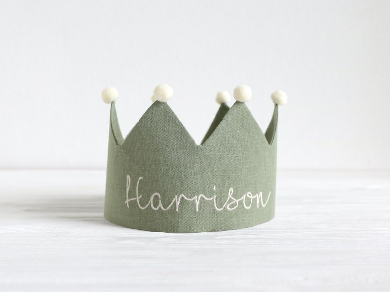 Mustard Yellow Personalized Linen birthday crown, Party crown with Embroidered Name, Kids birthday party, Toddler Linen crown, Fall Birthday image 4
