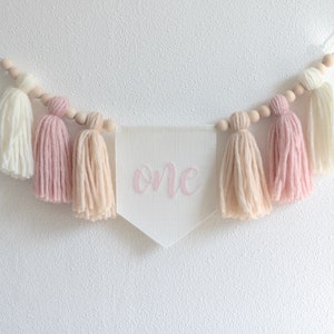 Girl's Birthday high chair banner, Pastel Blush Pink cake smash Garland, Tassel bunting, Boho 1st birthday decor