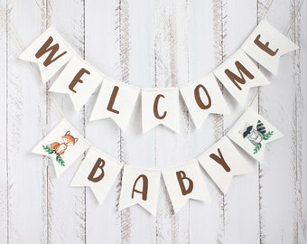 Welcome Baby banner, Woodland Baby Sign, Woodland baby shower decorations, Woodland fox animals,Party banner, Baby shower decor