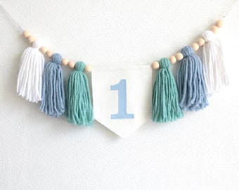 Banner para trona azul marino, banner para trona de primer cumpleaños de niño, banderines con borlas, decoración para primer cumpleaños
