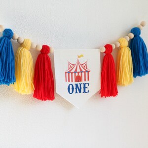 Circus High Chair Banner, Circus Yarn Tassels Garland, Circus 1st Birthday Decor, Carnival First Birthday Banner, Cake Smash Photo prop image 7