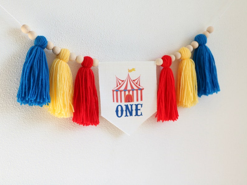 Circus High Chair Banner, Circus Yarn Tassels Garland, Circus 1st Birthday Decor, Carnival First Birthday Banner, Cake Smash Photo prop image 7
