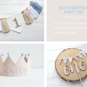Pacchetto festa di compleanno azzurro pastello, striscione per seggiolone per bambini, festa di torta smash color abbronzatura neutro per bambini, decorazioni per il primo compleanno, striscione azzurro