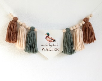 One Lucky Duck Personalized High Chair Banner, Mallard Duck 1st birthday decor, Cake Smash Garland, Custom name Photo Prop banner