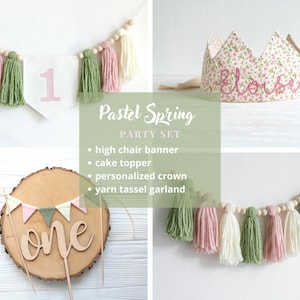 Mädchen Geburtstagsparty Set, Hochstuhl Banner, Pastellgrün Blush Rosa Kuchen zerschlagen, Blumen 1.Geburtstag Dekor, Frühling 1.Geburtstagsparty