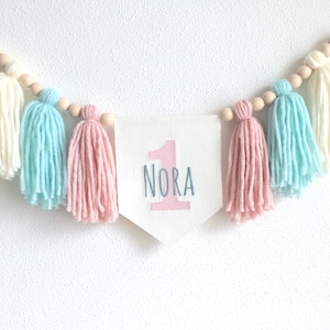 Personalized Girl 1st High Chair Banner, Light teal 1st birthday, Cake Smash Garland, Custom name Photo Prop banner, Mint Blue