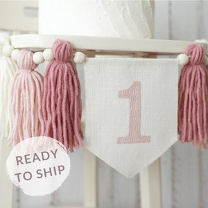 Girl&#39;s Birthday high chair banner, Blush Pink cake smash Garland, Tassel bunting, Boho 1st birthday decor