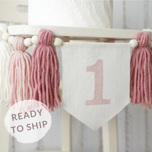 Girl's Birthday high chair banner, Blush Pink cake smash Garland, Tassel bunting, Boho 1st birthday decor