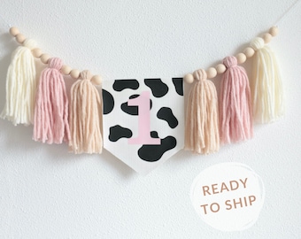 Cow Girl Blush Pink birthday high chair banner, My First Rodeo Yarn Tassel bunting, 1st Birthday Photo Prop, Western Party