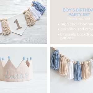 1st Birthday Party Bundle, Boy High chair banner, Baby Blue cake smash Party, 1st birthday decor, Pastel Birthday Decorations, Boy&#39;s Neutral