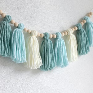 Mint Blue Yarn tassel Garland, 1st high chair banner, Mint birthday decor, Cake smash photo prop, Background photo prop, Sea themed birthday
