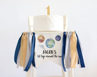 First trip around the sun birthday, Outer space birthday, Personalized space banner, One high chair banner, Custom name banner