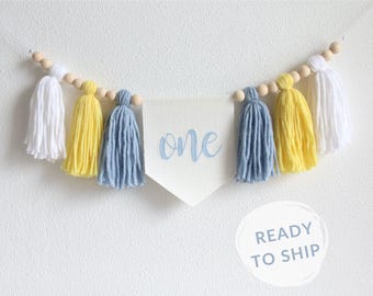 Badeendje kinderstoel banner, baby blauw geel 1e verjaardag kinderstoel banner, kwastje, decor 1e verjaardag, badeendje