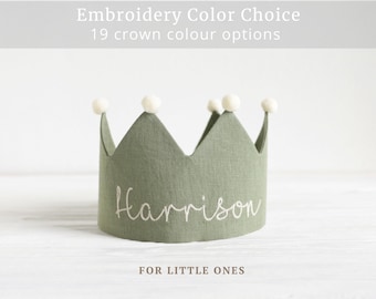 Personalized Linen birthday crown, Party crown with Embroidered Name, Kids birthday party, Toddler Linen Sage green crown