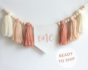 Girl's Pastel Birthday high chair banner, Blush cake smash Garland, Tassel bunting, Neutral Boho 1st birthday decor