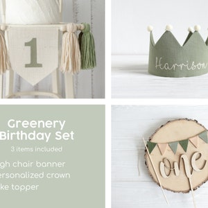 Greenery Birthday Party Bundle, High chair banner, Woodland Theme Cake smash Party, 1st birthday decor, Adventure Birthday Decorations