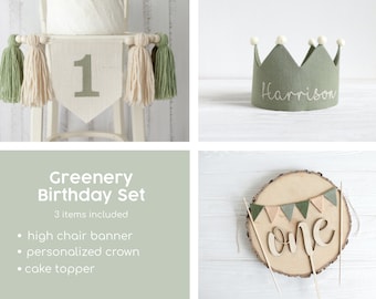 Groen verjaardagsfeestje bundel, kinderstoel banner, bos thema cake smash party, 1e verjaardag decor, avontuurlijke verjaardagsdecoratie