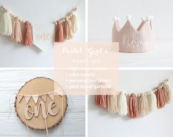 Pastell Geburtstagsparty Bündel, Mädchens Neutral Hochstuhl Banner, Cake Smash Party Dekor, 1. Geburtstag Dekor, Baby Pastell Foto Prop