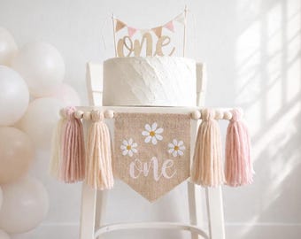 Boho Daisy High Chair Banner, Pastel Yarn Tassel Garland