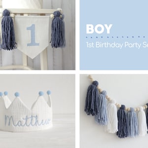 Pacchetto festa per il primo compleanno, striscione per seggiolone per ragazzo, festa per torta Sfumature di blu, decorazioni per il primo compleanno, decorazioni per compleanno per ragazzo