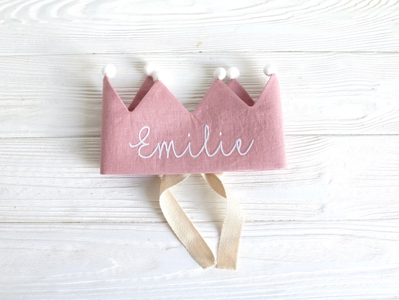 Mustard Yellow Personalized Linen birthday crown, Party crown with Embroidered Name, Kids birthday party, Toddler Linen crown, Fall Birthday image 10