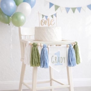 1st Boy High Chair Banner, Personalized 1st birthday banner, Custom name high chair banner, Green and Blue Banner, Cake Smash Boy party