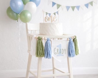 1st Boy High Chair Banner, Personalized 1st birthday banner, Custom name high chair banner, Green and Blue Banner, Cake Smash Boy party