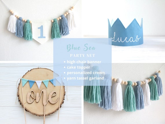 1st Birthday High Chair Banner Decorations - Blue Tassel Garland & Hat For Boy's Party - View #3