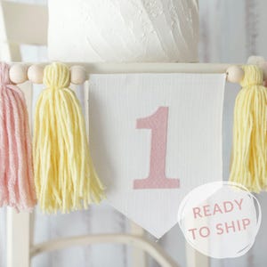 Striscione per il primo compleanno di una bambina, striscione per seggiolone a tema Daisy, primo compleanno di una bambina pastello. Ghirlanda di nappe di filato, striscione con sfondo Cake Smash