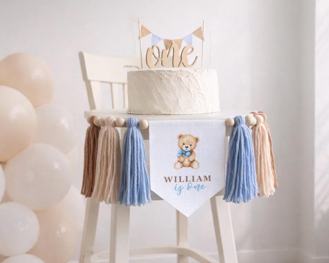 Teddy Bear 1st Birthday High Chair Banner, Boy's Cake Smash Photo Prop ...