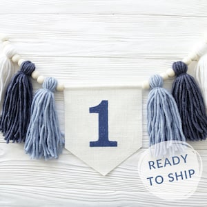 Striscione blu per seggiolone per il primo compleanno, ghirlanda per torta per bambini, bandierine con nappe, decorazioni boho per il primo compleanno