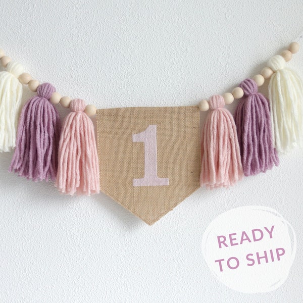 Girl's Birthday high chair banner, Blush Pink Pastel Lavender cake smash Garland, Tassel bunting, Fairy Garden 1st birthday decor,