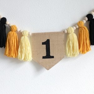 First Bee-Day high chair banner, yarn tassel garland, 1st birthday cake smash, Bee Birthday Decor