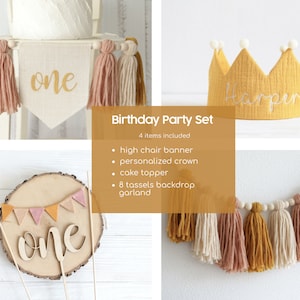 Boho Sun verjaardagsfeestje bundel, gedempte zonneschijn kinderstoel banner, cake smash meisje feest, decor 1e verjaardag, groovy verjaardagsversieringen