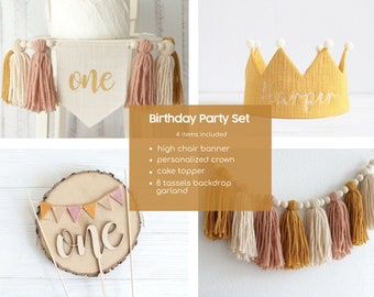 Boho Sun Birthday Party Bundle, Muted Sunshine High chair banner, Girl's Cake smash Party, 1st birthday decor, Groovy Birthday Decorations