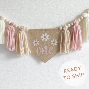 Striscione per seggiolone Boho Daisy, ghirlanda per torta pastello per bambina, ghirlanda con nappe di filato, decorazioni Boho per il primo compleanno, striscione per il primo compleanno