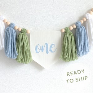 Striscione per seggiolone per bambini, striscione per seggiolone per il primo compleanno azzurro e verde, bandierine con nappe, decorazioni per il primo compleanno
