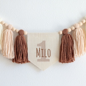 Neutral High Chair Banner, Personalized Brown Garland, Woodland 1st birthday, Olive Green Cake Smash Garland, Beige Shades high chair